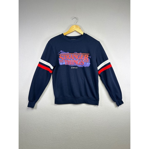 Stranger Things Sweatshirt Crewneck Navy Blue Retro Striped Sleeves S/M - Picture 1 of 9